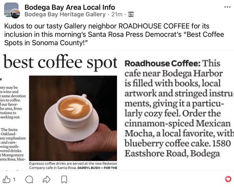 Facebook Post about our gallery neighbor, Roadhouse Coffee